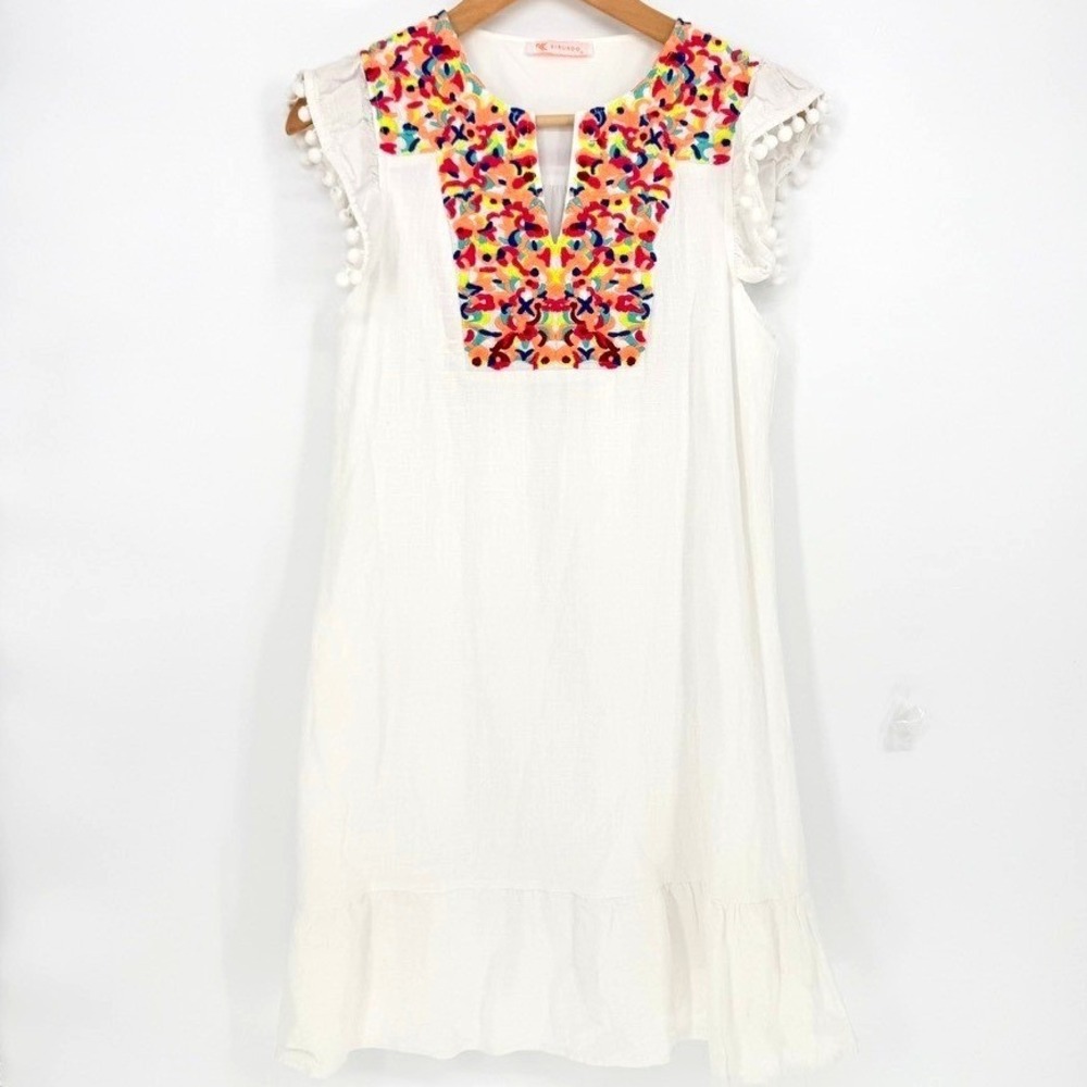 White Embroidered Floral Pom Pom Flutter Sleeve Ruffle Dress S Peasant Mexican